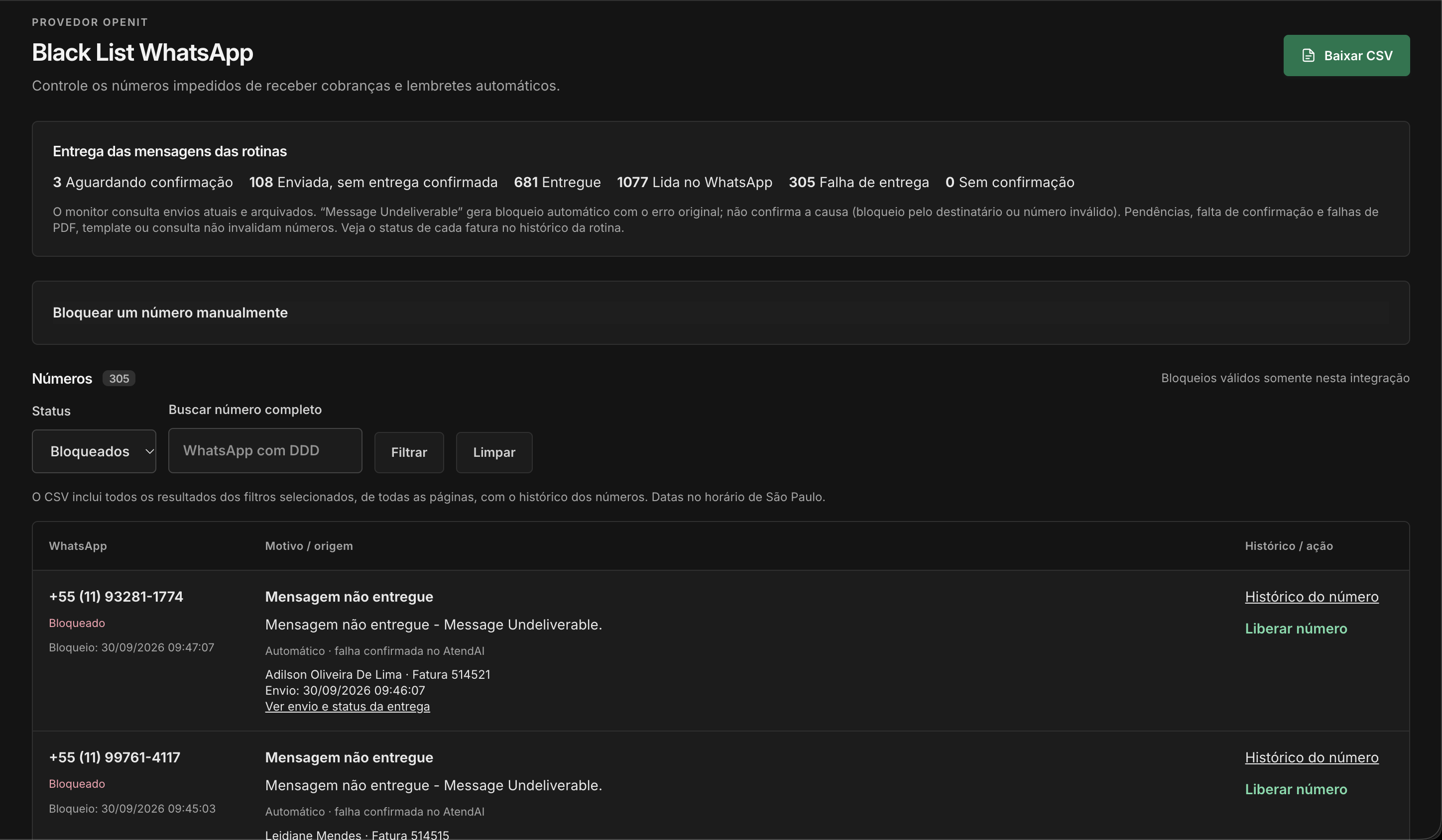 Blacklist do WhatsApp com indicadores de entrega, filtros e histórico de bloqueios
