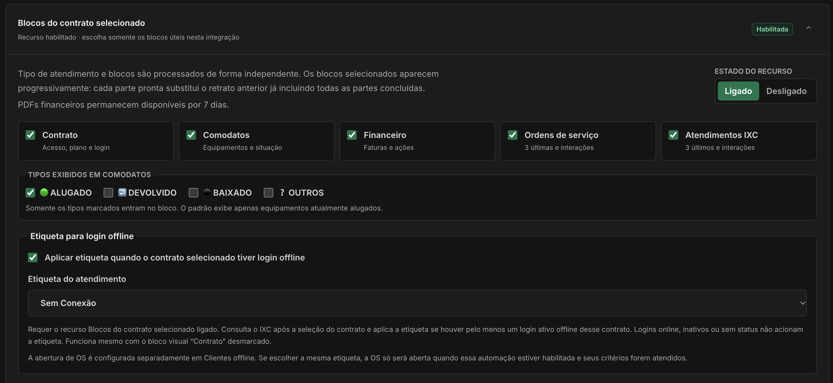 Configuração dos blocos de contrato, comodatos, financeiro, ordens de serviço e atendimentos