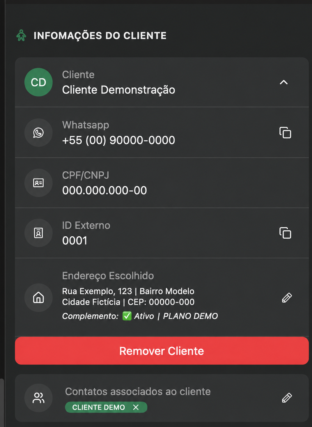 Exemplo com dados fictícios do cliente e situação do contrato na conversa