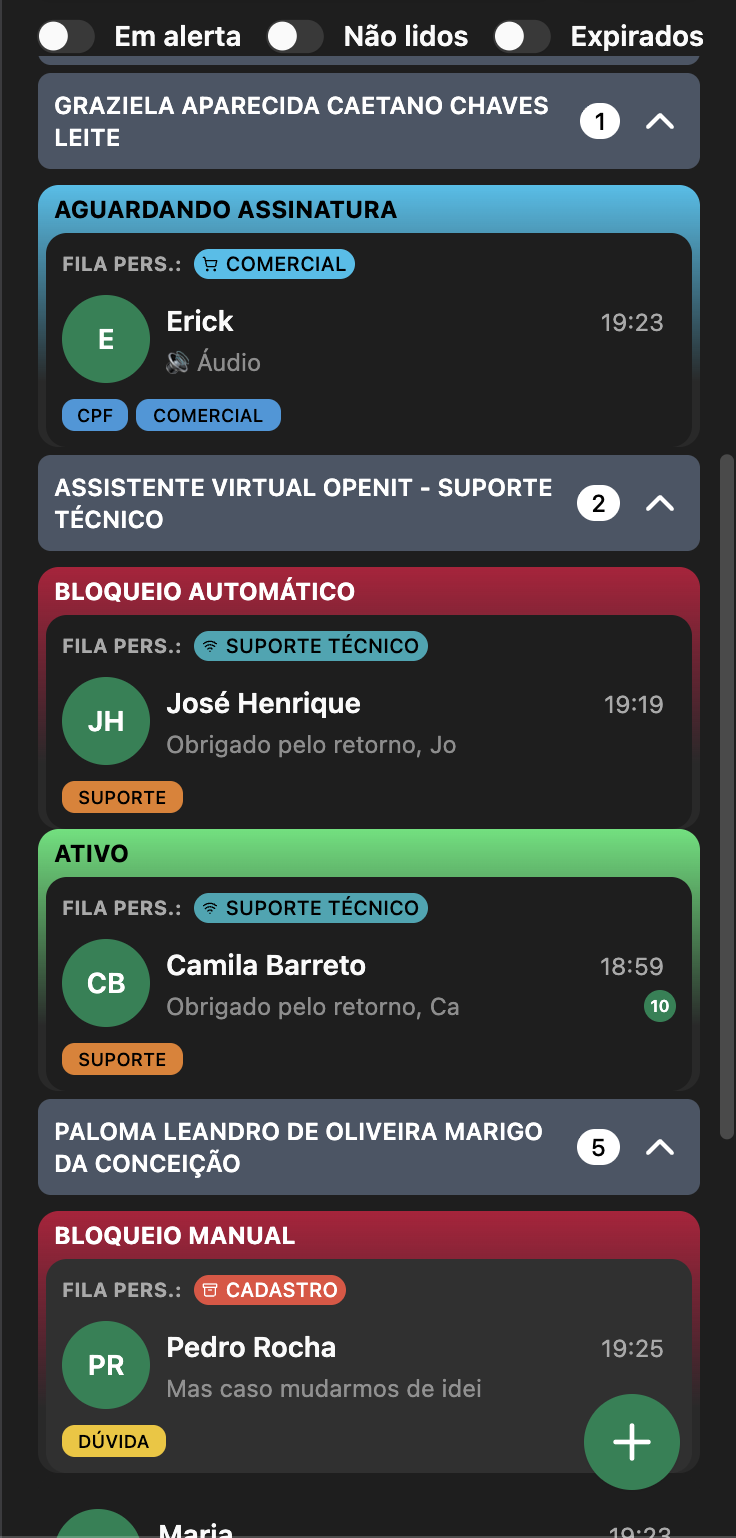 Organização dos atendimentos por tipo e status no AtendAI