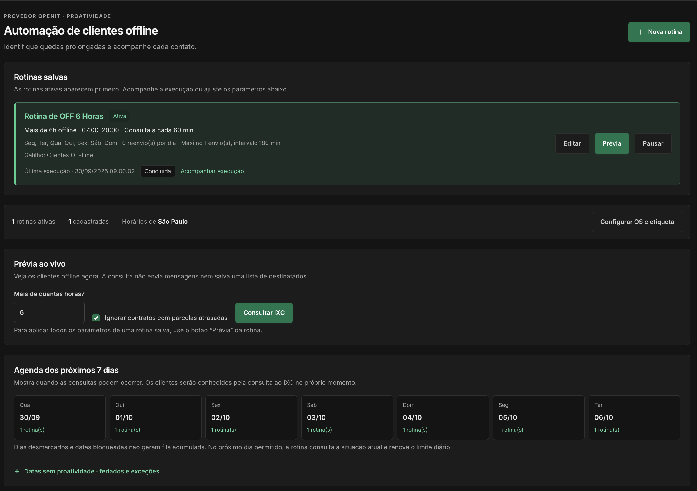 Rotina de clientes offline com horários, prévia, calendário e configuração de ordens de serviço