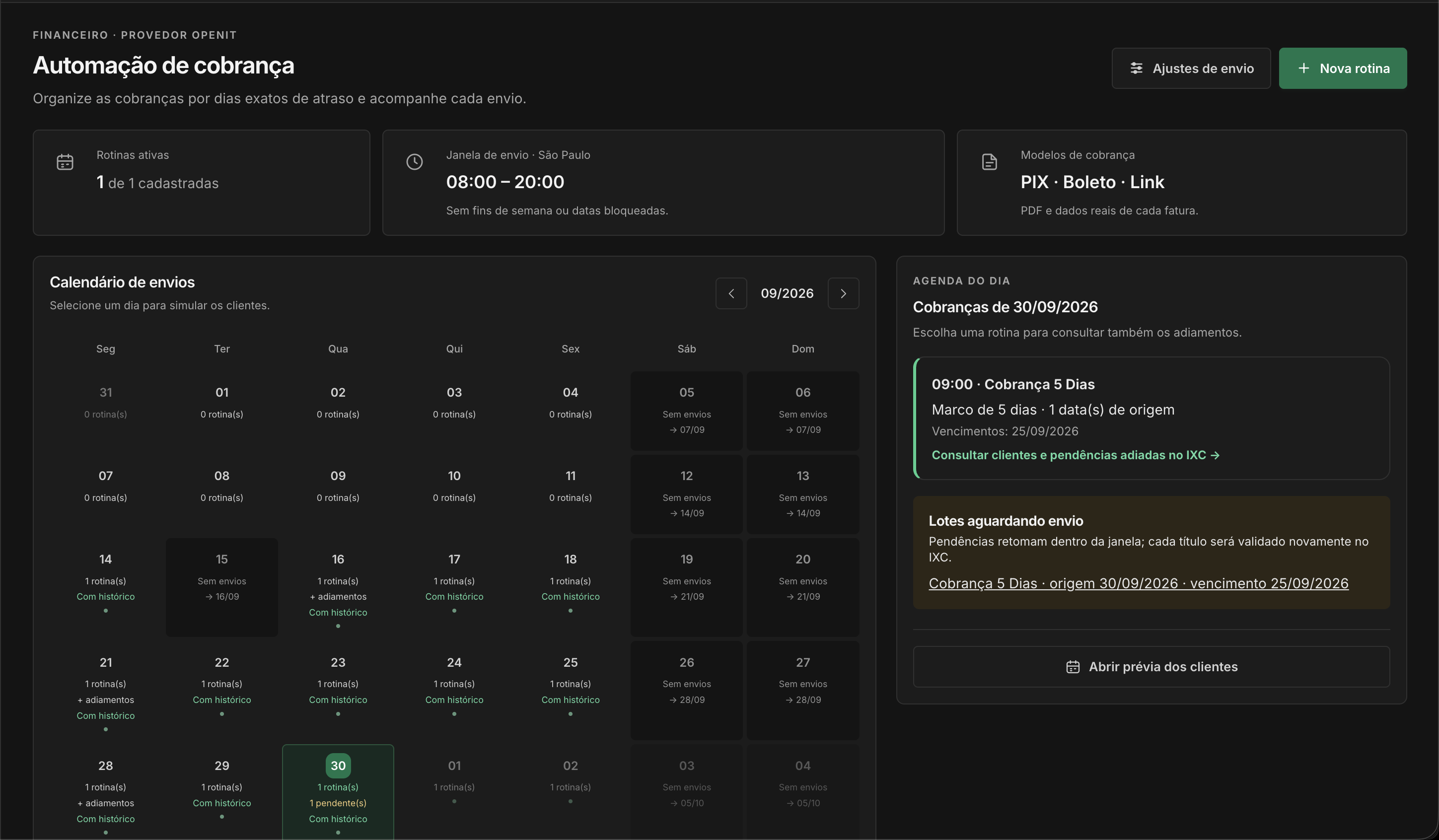Rotina de cobrança com calendário, dias de atraso, lotes pendentes e histórico