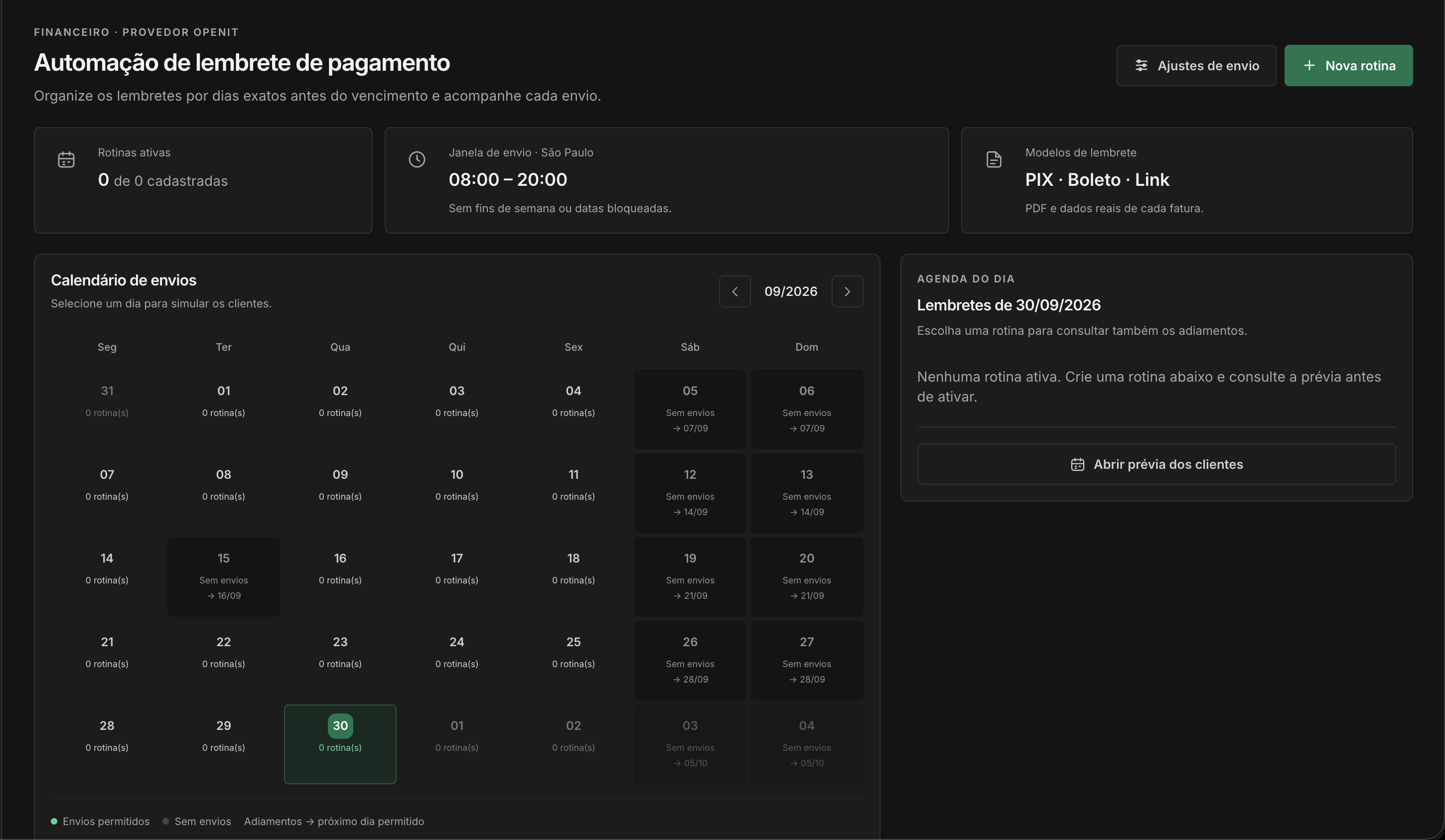 Calendário de lembretes de pagamento com janela de envio, modelos e prévia dos clientes