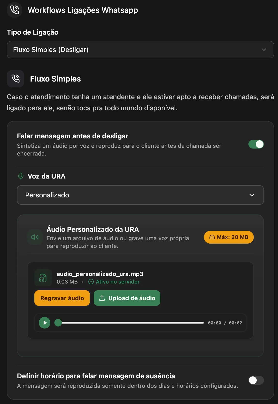 Configuração de voz e áudio personalizado da URA simples