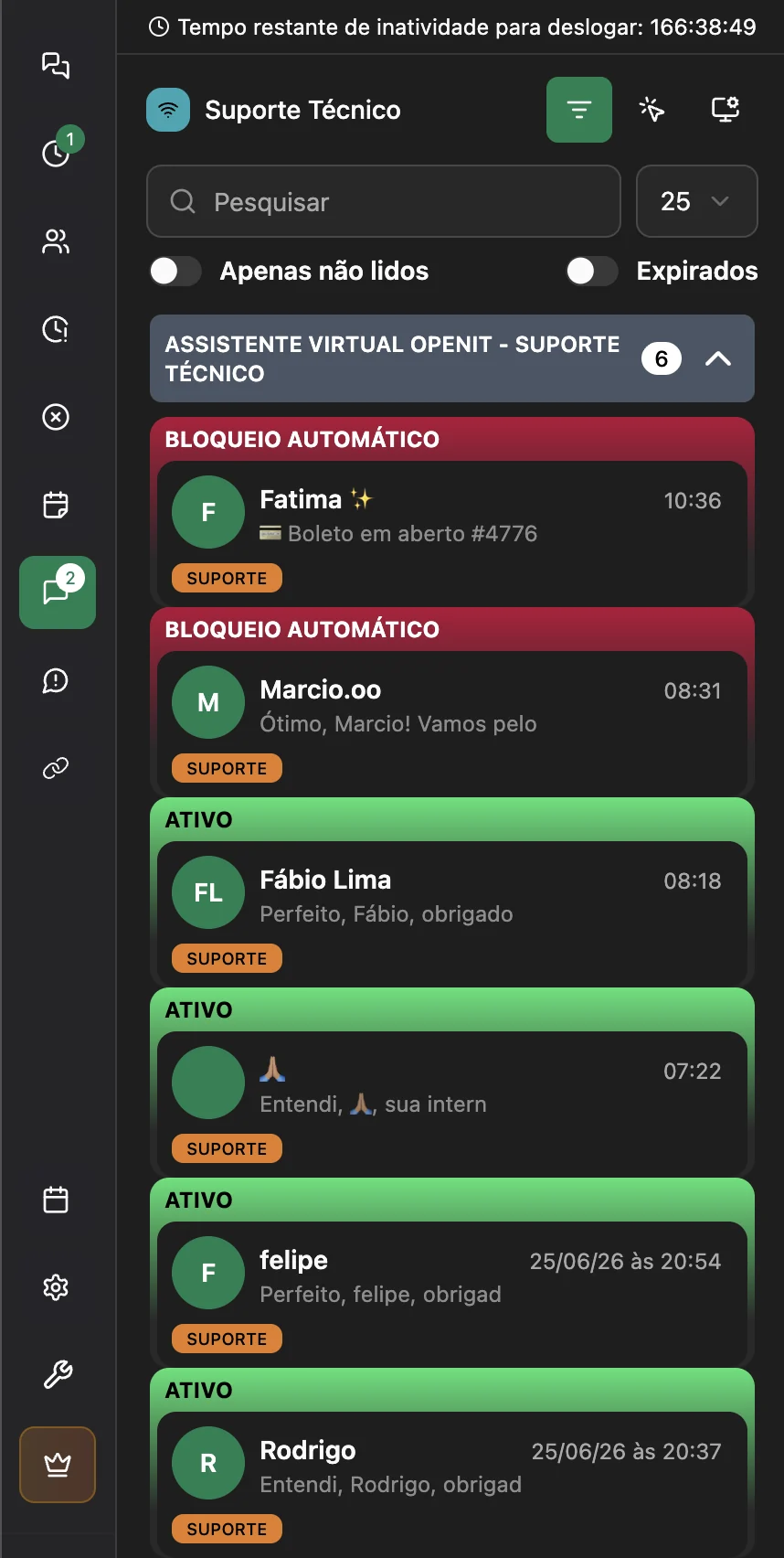 Identificação visual de status do cliente no chat