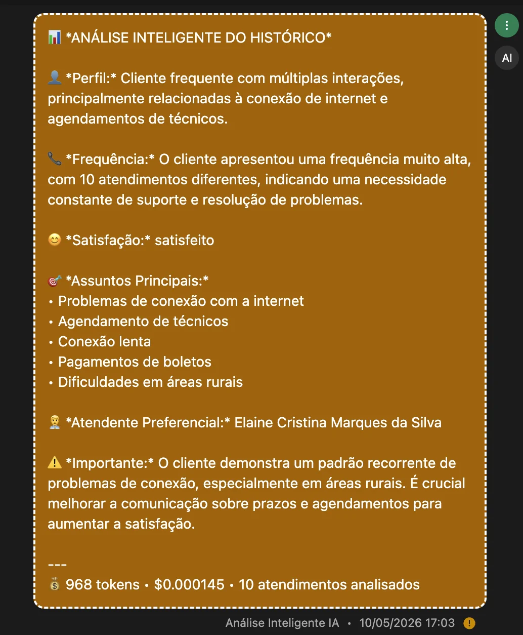 Resumo de comportamento e assuntos recorrentes do cliente